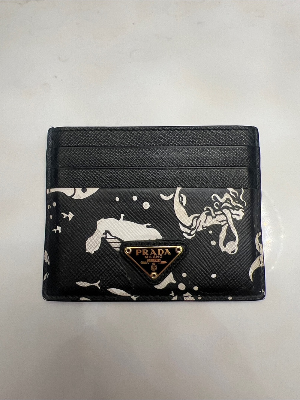 Prada Black and White Leather Card Holder with Gold Triangle Logo